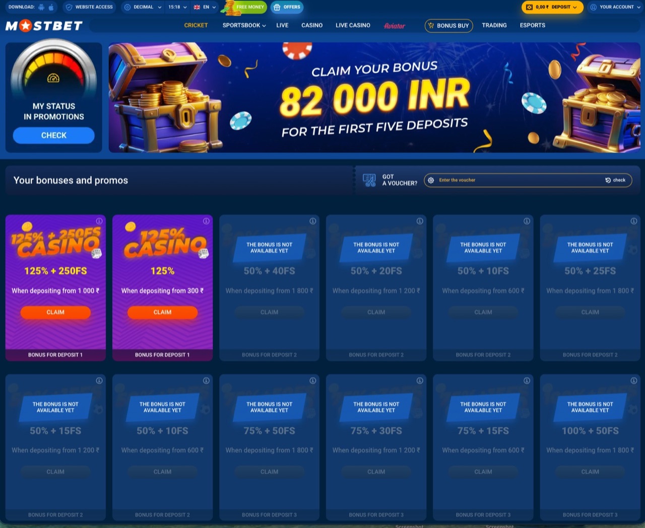 Mostbet promotions screen showing multiple bonus cards and claimable offers inside the bonus hub