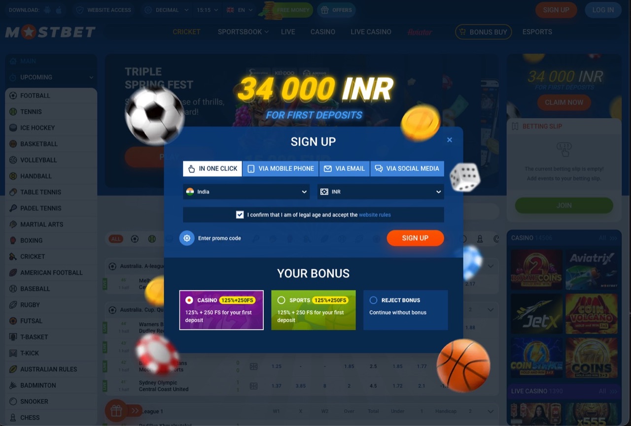 Mostbet first deposit bonus banner showing the welcome offer inside the account bonus area