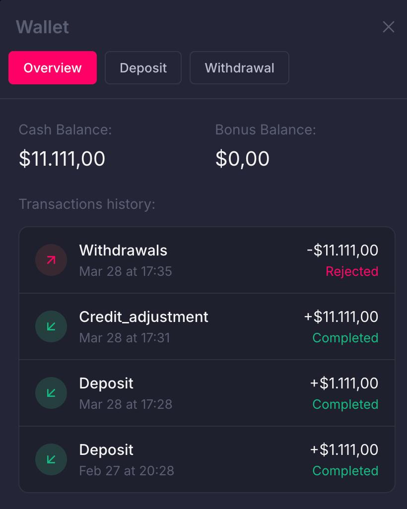 Mostbet wallet history screen showing completed deposits and withdrawals inside the account wallet view