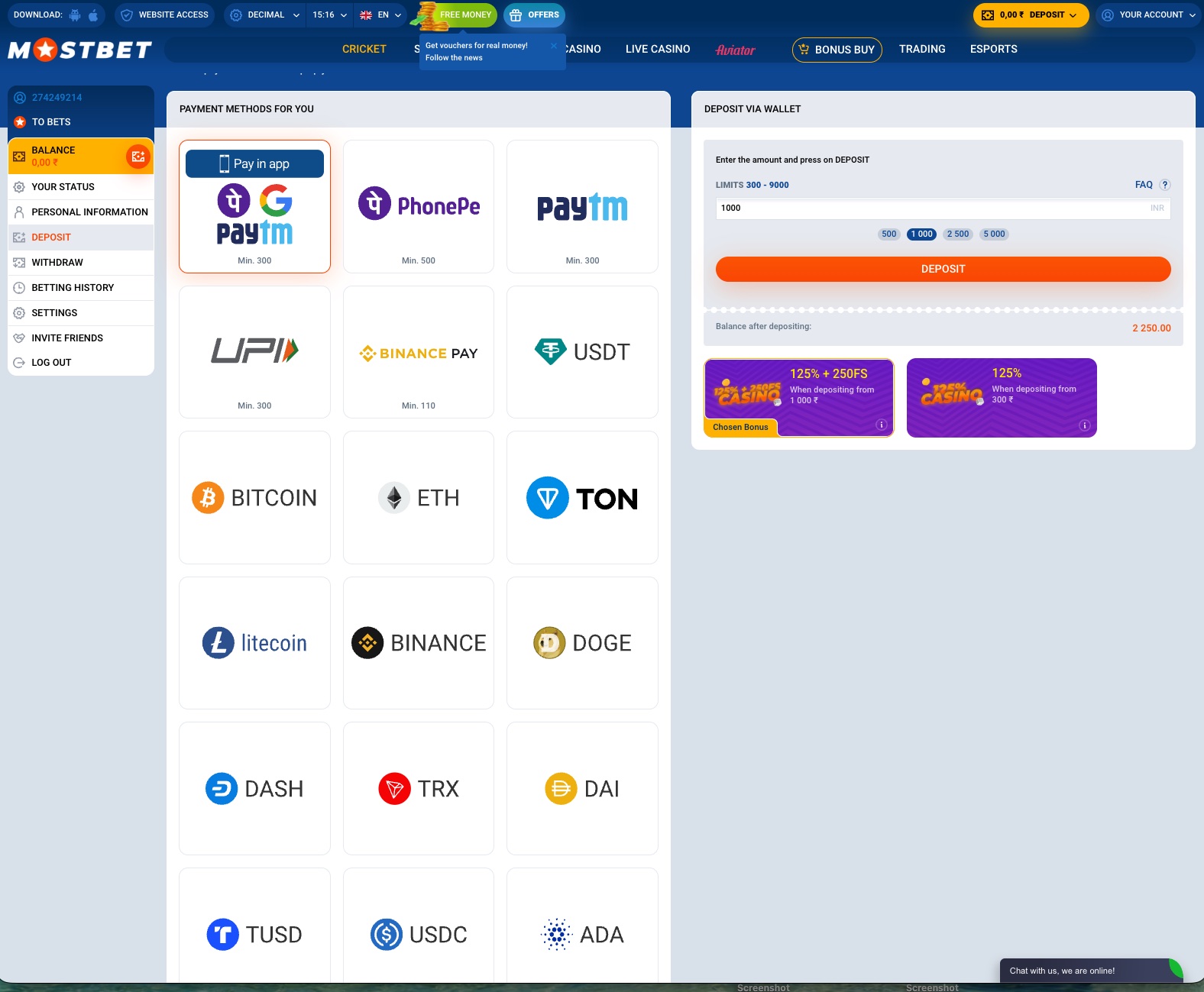 Mostbet deposit cashier showing wallet payment methods, UPI, crypto options, and bonus panels inside the real funding screen